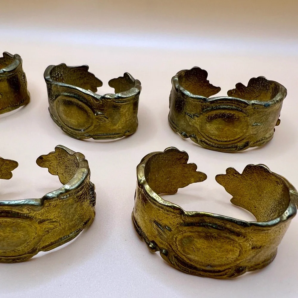 Vintage Brass Rococo Napkin Rings Set of 6 Ornate Open Cuff Gold Tone Victorian